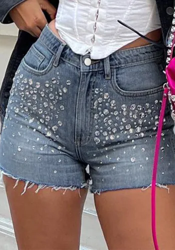 Women Style Beaded Street Raw Edge Washed Denim Shorts