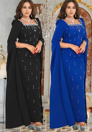 Women Back Slit Cape Sleeve Beaded Elegant Dress