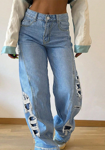 Women Ripped Denim Straight Pants