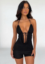 Summer Sexy Deep V Neck Lace-Up Slim Halter-Neck Shorts Jumpsuit