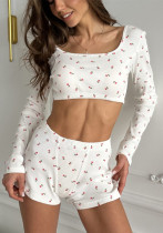 Spring/Summer Casual Short & Long Sleeve Crop Top Women's Printed Pajamas Home Clothes Set