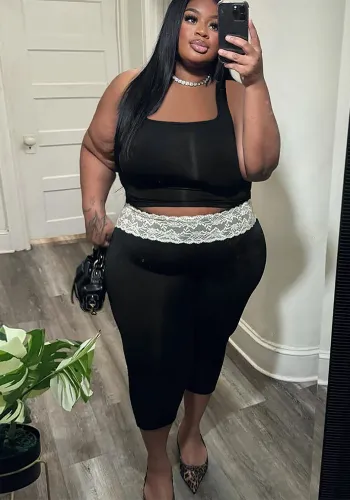 Plus-Size Women's Spring/Summer Fashion Slim Vest Lace-Trimmed Shorts Two Piece Set