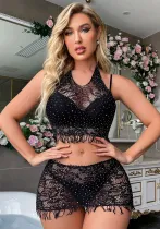 Beaded Sexy Lingerie Diamond Starry Mesh Temptation Two-Piece Skirt Set