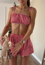 Pink Plaid Strap Two Piece Shorts Set