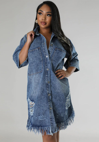 Plus-Size Women's Denim Ripped Tassel Short-Sleeve Turn-Down Collar Dress
