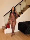 Tie-Dye Printed Translucent Mesh Long-Sleeve Tight-Fitting Women's Summer Slim Two Piece Pants Set