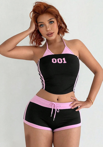 Women's Strap Sexy  Contrast Color Halter-Neck Vest Shorts Set