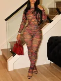 Tie-Dye Printed Translucent Mesh Long-Sleeve Tight-Fitting Women's Summer Slim Two Piece Pants Set