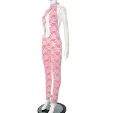 Women Spring and Summer Lace Halter Neck Lace-Up Hollow Backless Jumpsuit