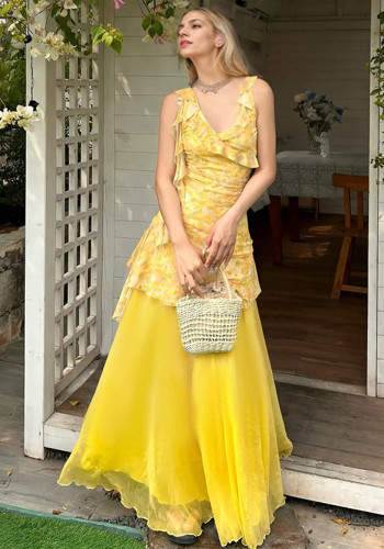 Holiday Yellow Floral Irregular Hem Tiered Dress V-Neck High Waist Ruffled Dress Skirt Set