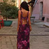 Street-Style Holiday Ruffled Print Two Piece Set Summer Sexy Slit Skirt Set