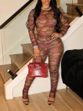 Tie-Dye Printed Translucent Mesh Long-Sleeve Tight-Fitting Women's Summer Slim Two Piece Pants Set