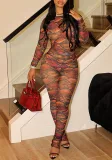 Tie-Dye Printed Translucent Mesh Long-Sleeve Tight-Fitting Women's Summer Slim Two Piece Pants Set
