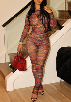 Tie-Dye Printed Translucent Mesh Long-Sleeve Tight-Fitting Women's Summer Slim Two Piece Pants Set
