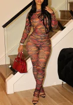 Tie-Dye Printed Translucent Mesh Long-Sleeve Tight-Fitting Women's Summer Slim Two Piece Pants Set