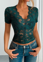 Spring/Summer Solid Color Slim V-Neck Short-Sleeve Lace Top Outdoor Wear