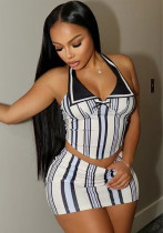 Turndown Collar Print Slimming Striped Sexy Top Short Skirt Set