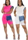Women's Casual Denim Patchwork Short Sleeve Top Shorts Two-piece Set