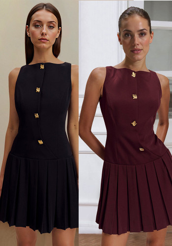 Spring Summer women's  solid color sleeveless Slim Waist pleated short dress