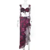Street-Style Holiday Ruffled Print Two Piece Set Summer Sexy Slit Skirt Set