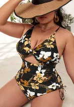 Plus Size one-piece print drawstring lace up Halter Neck Swimsuit for women
