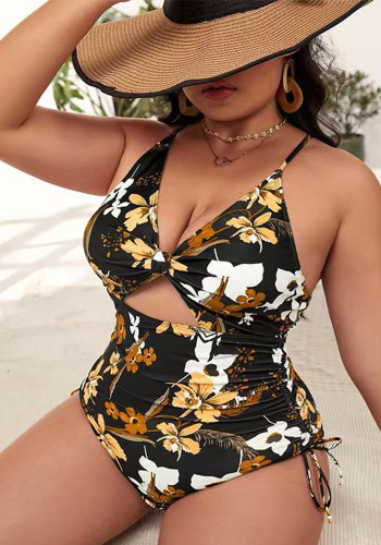 Plus Size one-piece print drawstring lace up Halter Neck Swimsuit for women