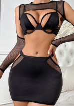 Sexy Bra Set Hollow See-Through Mesh Slimming Sexy Four-Piece Skirt Set