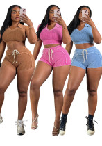 Women's Ribbed fashion Casual Two Piece Shorts Set