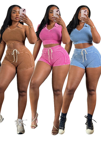 Women's Ribbed fashion Casual Two Piece Shorts Set