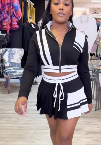 Spring Women's Clothing color contrast jacket top fashion short skirt two-piece set for women