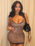 Lace-Patchwork Slim Leopard Print Sexy Bodycon Short Dress for Women