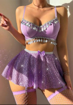 sexy pajamas  bra shiny sequin short skirt with fishnet stockings Three-Piece Set