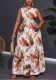 Plus Size women's Round Neck sleeveless floral print belt high waist long dress
