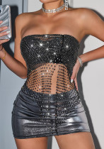 Women's sexy sparkling diamond elastic fishnet Strapless hollow vest tops