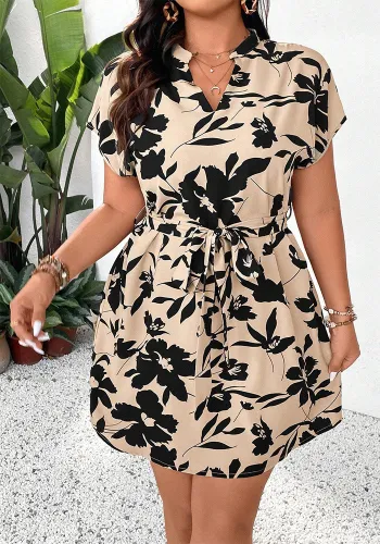 Plus Size women's v-neck short-sleeved floral print belt high waist dress for women