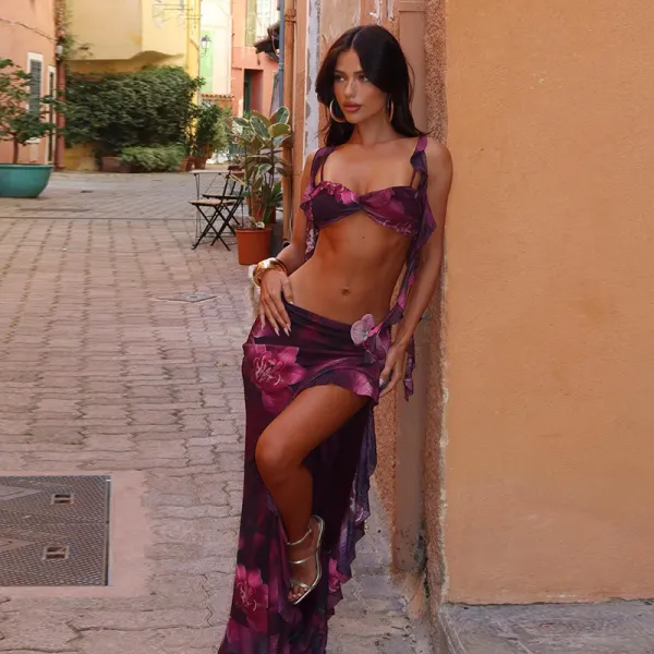 Street-Style Holiday Ruffled Print Two Piece Set Summer Sexy Slit Skirt Set