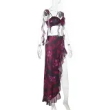 Street-Style Holiday Ruffled Print Two Piece Set Summer Sexy Slit Skirt Set