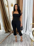 Women Summer Strapless Halter Neck Top and Solid Pants Two Piece Set