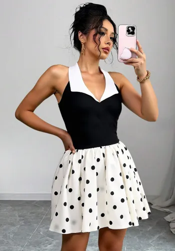 Women Patchwork polka dot Turndown Collar sleeveless puffy bud dress