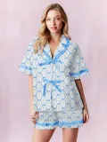 Women Print Turndown Collar Button Short Sleeve Lace-Up Top and Shorts Two Piece