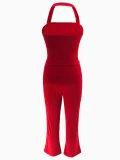 Women Summer Strapless Halter Neck Top and Solid Pants Two Piece Set