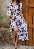 Women Printed V-Neck Short Sleeve Holidays Dress