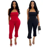 Women Summer Strapless Halter Neck Top and Solid Pants Two Piece Set