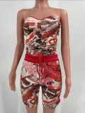 Women Casual print Short-sleeved Top and Shorts Two Piece Set