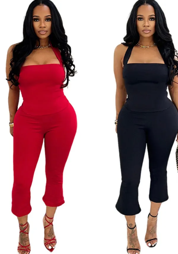 Women Summer Strapless Halter Neck Top and Solid Pants Two Piece Set