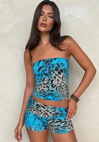 Women Summer Trend Strapless Print Top and Shorts Two Piece Set