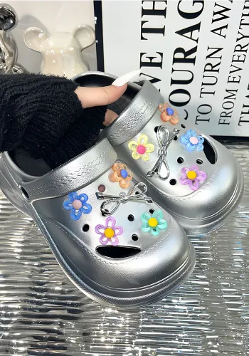 Women Silver Thick-soled High Heels Cap Toe EVA Hole Shoes