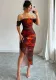Women mesh print sexy off-shoulder pleated slit Holidays dress