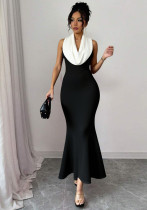 Women summer contrast color Halter Neck sleeveless dress