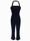 Women Summer Strapless Halter Neck Top and Solid Pants Two Piece Set